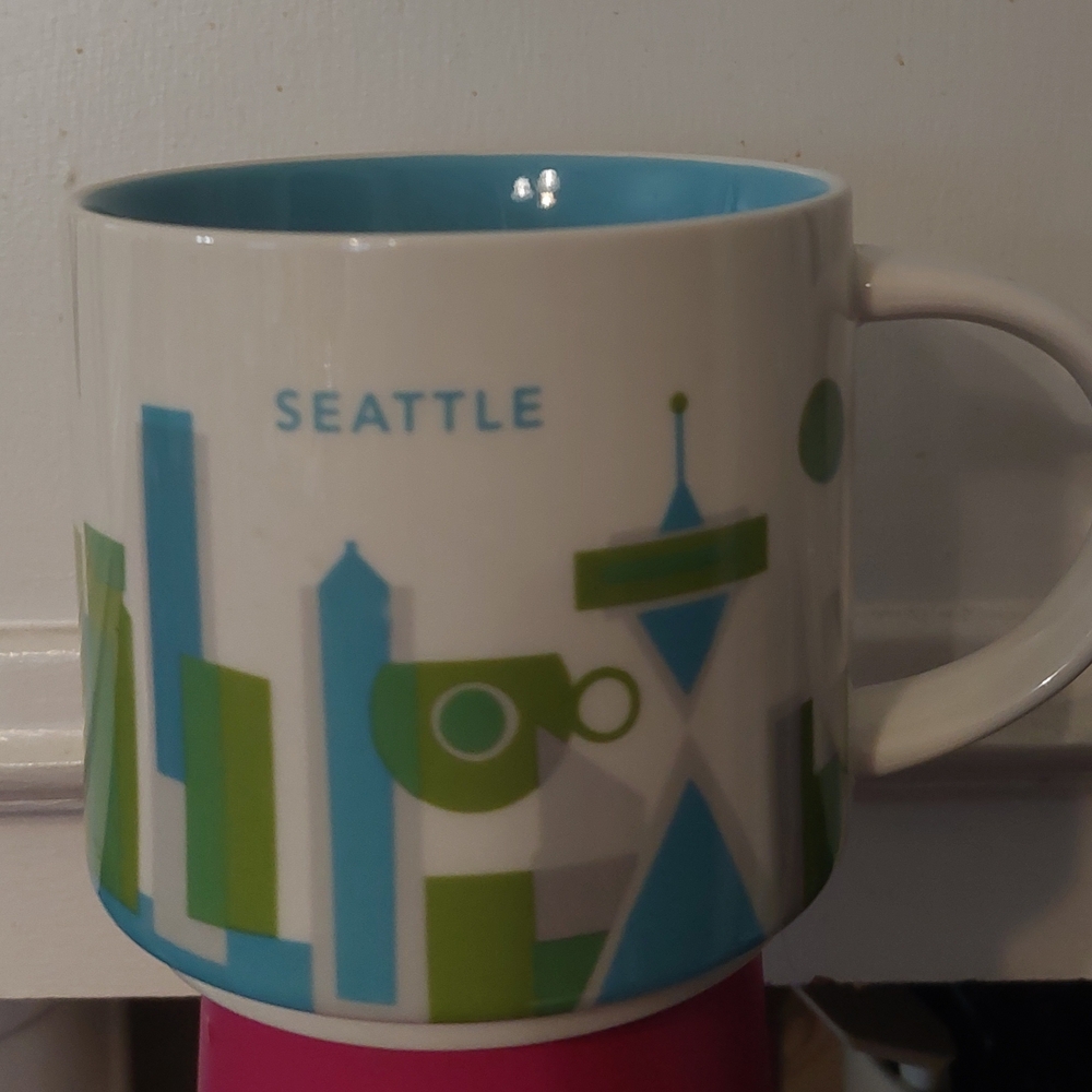 Seattle Skyline Ceramic Mug in Blue and Green
